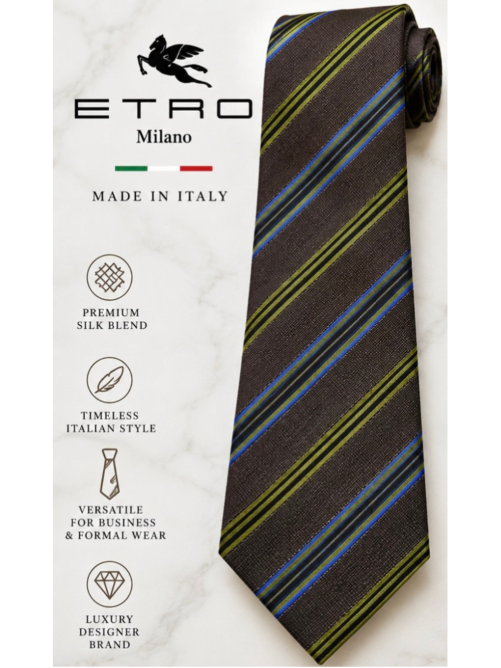 Etro Silk Striped Tie in Brown and Green - One Size Italian Luxury New W Tag